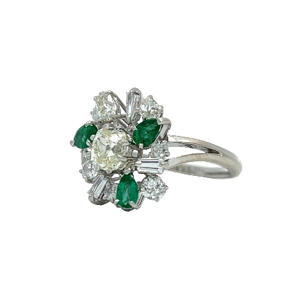 18K White Gold Estate Emerald Cluster Fashion Ring w/1Old Mine Cut Diam=.60apx and Diams=.90apx SI2-I1 I-J-K-L Size6 3.1dwt