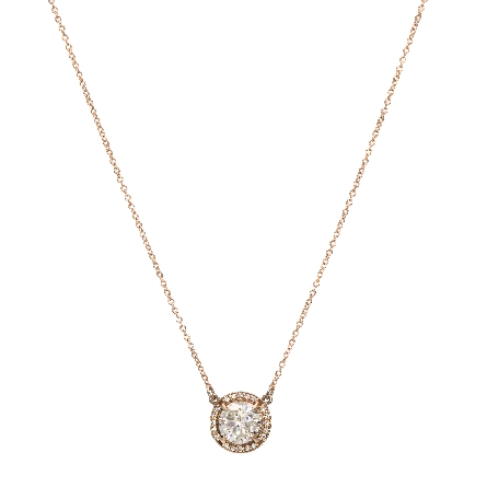 14K Rose Gold Estate 16inch Round Halo Necklace w/7mm Diam=1.40ct I2 I and 20Diams=.05ctw SI G-H