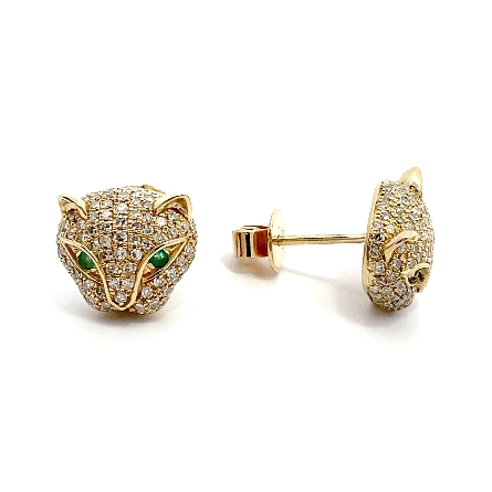 14K Yellow Gold Estate Panther Stud Earrings w/190 Single Cut Diamonds=.85apx VS-SI I-J and Emerald Eyes 2.4dwt