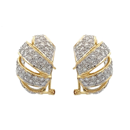 18K Yellow and White Gold Estate Pave Omega Back Earrings w/146Diams=3.75apx SI1-SI2 G-H 7.5dwt