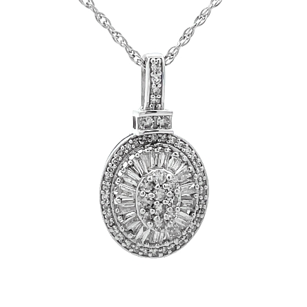 14K White Gold Estate 18inch Oval Cluster Pendant Necklace w/28 Baguette Diams and 52 Round Diams=.50apx SI I-J 1.9dwt