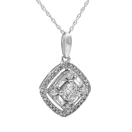 10K White Gold Estate 18inch Cluster Pendant Necklace w/Diams=.85apx SI1-I1 H-I 1.2dwt