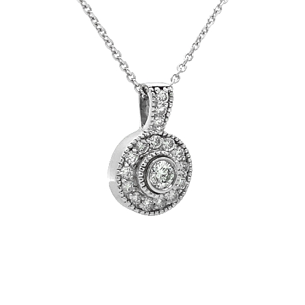 14K White Gold Estate Milgrain Bezel Halo Pendant on 15.5inch Chain w/1Diam=.15apx Diams=.30apx SI1-SI2 G-H 2.3dwt 