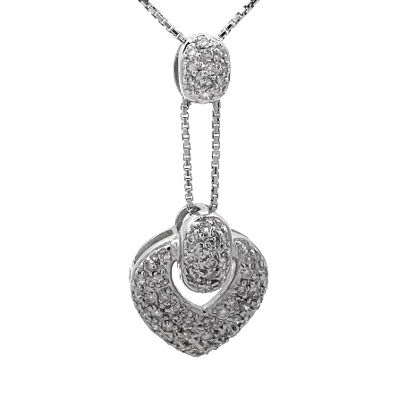 18K White Gold Estate Pave Heart Dangle Necklace 18inch w/57Diams=.50apx SI1-I1 H-I 3.6dwt 
