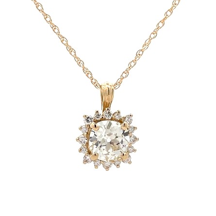 14K Yellow Gold Estate  Halo Pendant w/1 Old Mine Cushion Diamond=1.57ct VVS2 M and Diams=.24ctw SI H-I on 18inch Chain 