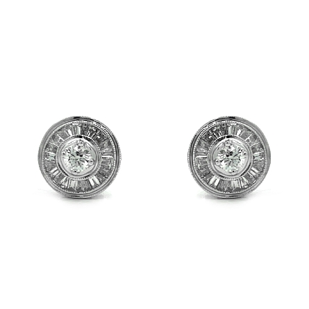 18K White Gold Estate Round Screw Back Halo Stud Earrings w/44 Baguette Diams=.58apx and Round Diams=.34apx VS-SI I-K 2.6dwt