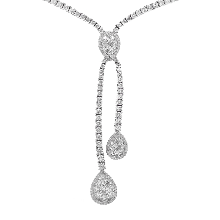 18K White Gold Estate 17inch Double Drop Pear Halo Cluster Necklace w/Diams=7.16apx VS1-SI1 F-G 21.7dwt