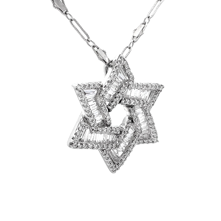 18K White Gold Estate Shared Prong Star of David Slide Pendant on 14K White Gold 18inch Fancy Link Chain w/102RoundBrilliantDiams=.51apx and 42BaguetteDiams=.60apx VS G-H 4.8dwt 