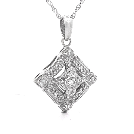 14K White Gold Estate Milgrain Bezel Set Diamond Shape Pendant on Chain 18inch w/Diams=.15apx SI2-I1 I-J 2.1dwt 