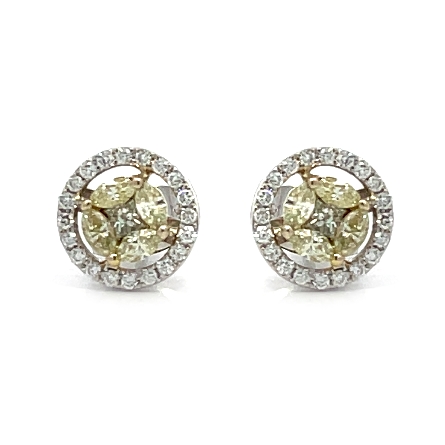 18K White and Yellow Estate Halo Cluster Stud Earrings w/Yellow Diams=.42apx SI and 40Diams=.20apx SI G-H 1.3dwt 