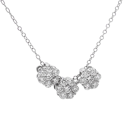 18K White Gold Estate 3 Floral Cluster Necklace w/21Diams=1.00apx SI1-SI2 H-I 16inch 23.3dwt 