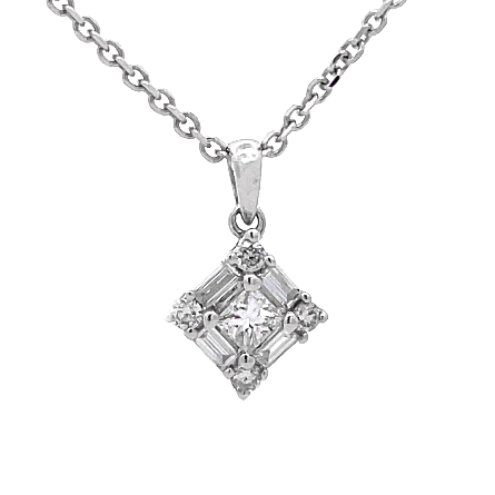 14K White Gold Estate Square Cluster Pendant and Chain w/1Princess Cut Diams=0.15apx and 4Baguette Diams=0.14apx and 4RoundDiams=0.08apx SI-I1 G-H-I 18inch 2.0dwt 