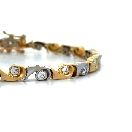 14K Yellow and White Gold Estate Swirl Link Bezel Bracelet w/24Diams=1.27ctw SI2 H 7inch 11.3dwt 
