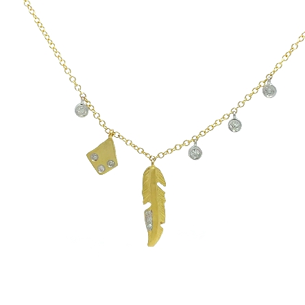 14K Yellow Gold Estate 16inch Feather Station Necklace w/Diams=.09apx SI H-I 1.3dwt