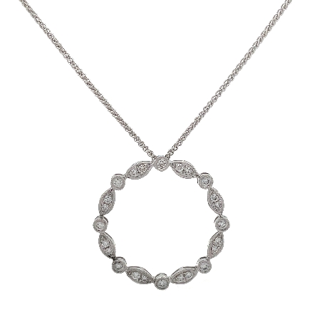 14K White Gold Estate Round Milgrain Pendant w/Diams=.44ctw VS G-H on 16inch Round Wheat Chain 3.0dwt