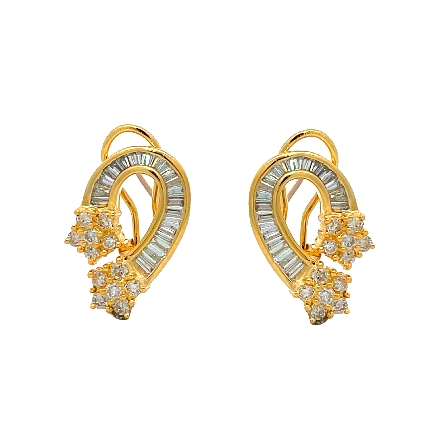 18K Yellow Gold Estate Channel and Prong Set Omega Back Earrings w/24Round Brilliant Cut Diams=.78apx an 42Baguette Diams=1.14apx SI0I H-I 7.6dwt