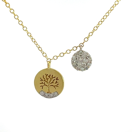 14K Two Tone Gold Estate Meirat Tree Disc and Pave Disc Necklace w/23Diams=0.10apx SI-I I Adjustable 16inch-18inch 1.4dwt 