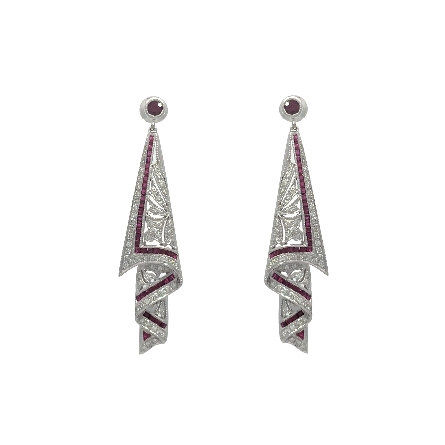 18K White Gold Estate Antique Style Milgrain Drop Earrings w/Ruby and 124Diams=.74apx VS-I1 H-I 6.1dwt
