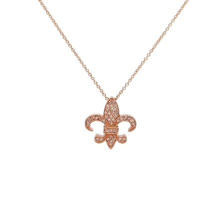 14K Rose Gold Estate Pave Fleur De Lis Milgrain Necklace 18inch w/42 Single Cut Diams=0.21apx SI1-I1 I-J 2.0dwt