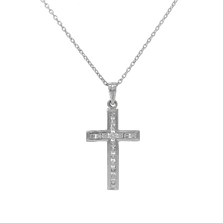 14K White Gold Estate Channel Cross and Chain w/17Diams=0.30apx VS1-I1 I-J 16inch 1.6dwt 