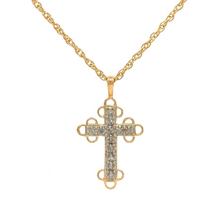 14K Yellow and White Gold Estate Clover Style Cross on 24inch Link Chain w/12Diams=0.12apx I1 J 3.6dwt
