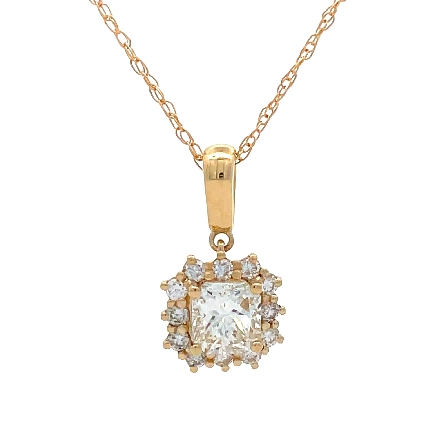 14K Yellow Gold Estate Square Halo Penadnt w/1 Asscher Diam=1.12ct SI2 J and Diams=.32ctw SI H-I on 18inch Loose Rope Chain 