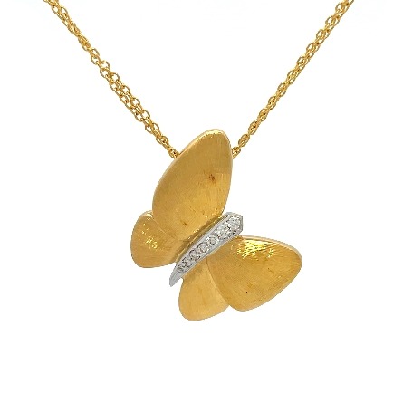 18K Yellow and White Gold Estate Satin Finished Butterfly Pendant on 16inch Double Cable Chain w/Diams=0.11apx VS-SI G-H 5.7dwt