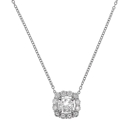18K White Gold Estate Cushion Halo Necklace w/1Round Diam=.75apx VS2 I and 12Diams=0.54apx VS-SI H-I on Adjustable 16inch to 18inch Chain 2.2dwt