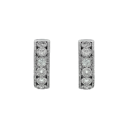 14K White Gold Estate Milgrain Bezel Set Huggie Hoop Earrings w/12Diams=.25apx SI1-I1 I 3.1dwt 