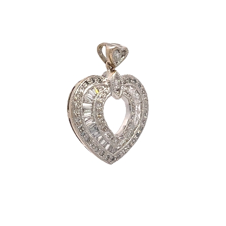 18K White Gold Estate Milgrain Edge Heart Pendant w/50Round Diams=0.25apx and 26Baguette Diams=0.51apx VS-SI1 H-I 2.2dwt