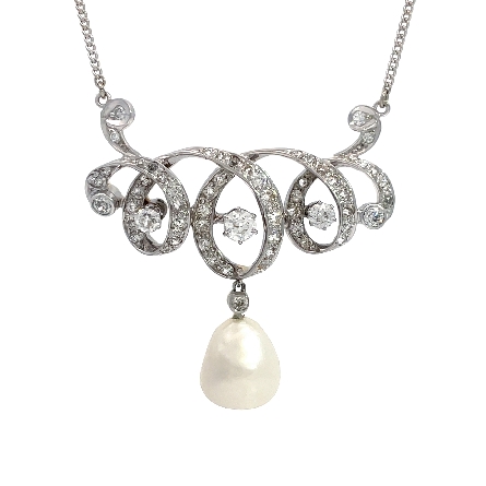 Platinum and 14K White Gold Estate 16inch Station Necklace w/57 Old European and Single Cut Diams=1.42apx VS-SI G-I and 1 Dangle Cultured Fresh Water Pearl 6.0dwt