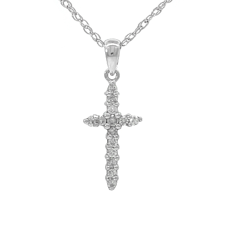 14K White Gold Estate Shared Prong Cross Pendant on Carded Rope Chain w/14Diams=0.21apx I1-I2 I 16inch 1.3dwt