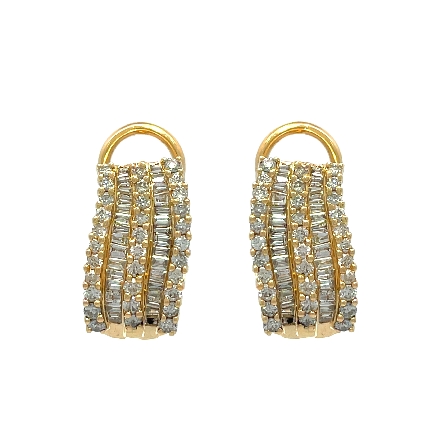 14K Yellow Gold Estate 5Row Prong and Channel Set Omega Back Diamond Earrings w/64Round Brilliant Cut Diams=0.96apx and 63Baguette Diams=0.83apx I1 H-I 5.4dwt