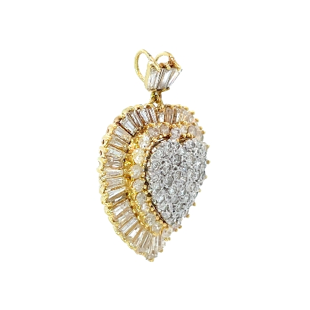 14K Yellow and 14K White Gold Estate Layered Pave Heart Pendant w/58Round Brilliant Cut Diams=1.60apx I1-I2 H-J and w/41Baguette Diams=3.25apx SI1-I1 I-J 6.3dwt