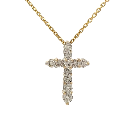 14K Yellow Gold Estate Shared Prong Cross Pendant on Cable Link Chain w/11Diams=0.33apx I1 I-J 18.5inch 1.8dwt