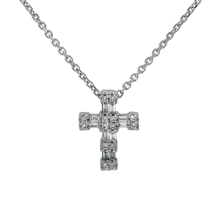 14K White Gold Estate Prong Set Cross Pendant on Adjustable 14inch to 15inch Chain w/14Round Brillant Cut Diams=.06apx and 10Baguette Diams=.13apx VS H-I 1.4dwt 