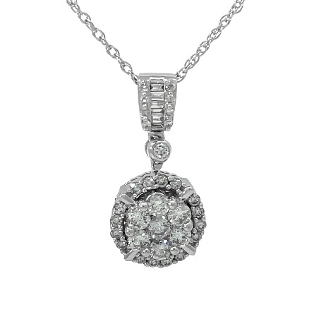 14K White Gold Estate Cluster Halo Pendant w/Baguette and Round Diams=1.00apx SI H-I on 18inch Chain 3.0dwt