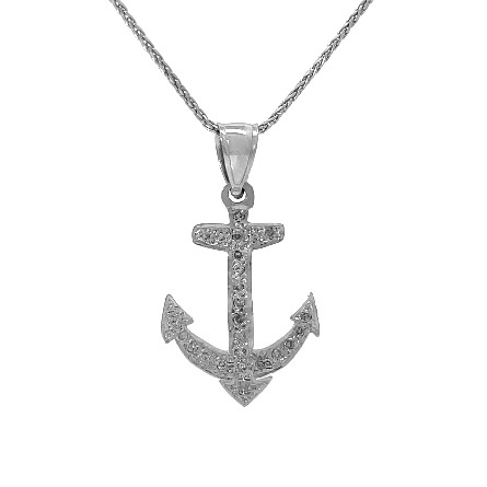 14K White Gold Estate Pave Anchor Pendant w/25Diams=0.25apx SI2-I1 I-J on 18inch Chain 2.8dwt