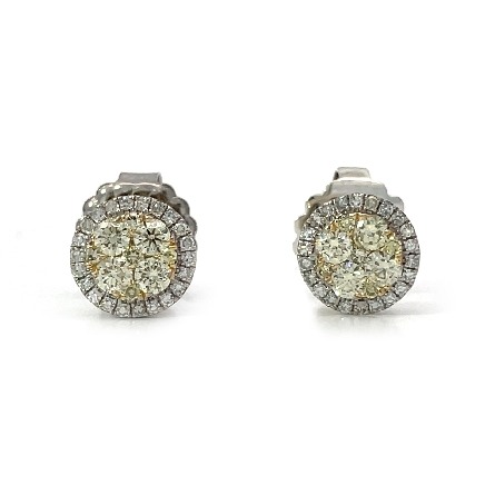 14K Two Tone Estate Round Cluster Stud Earrings w/18 Round Brilliant and Single Cut Diams=0.61apx VS Light Yellow and w/44Diams=0.22apx VS I 1.6dwt