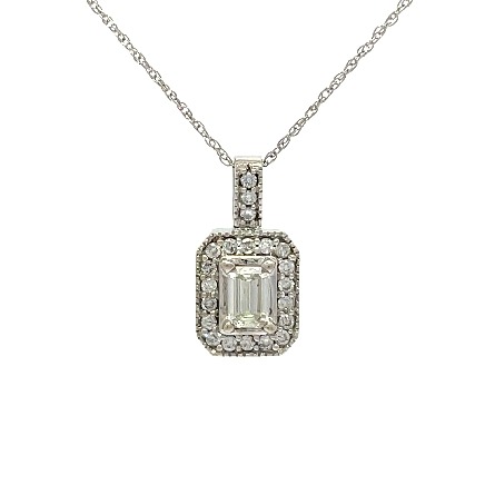 14K White Gold Estate Milgrain Halo Pendant w/1 Emerald Cut Diams=.31apx SI1 J and 21 Round Brilliant Cut Diams=.21apx I1-I2 I-J on Chain 16inch 1.2dwt