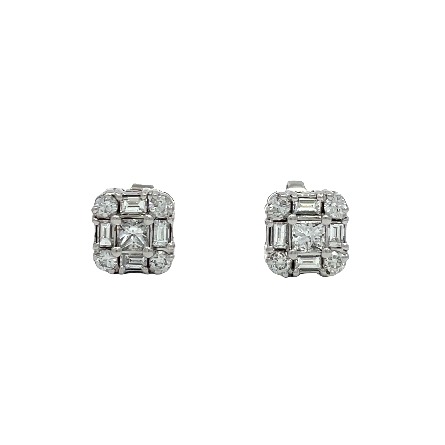14K White Gold Estate Square Cluster Stud Earrings w/Round Brilliant Princess and Baguette Diams=1.00apx VS-SI H 1.8dwt