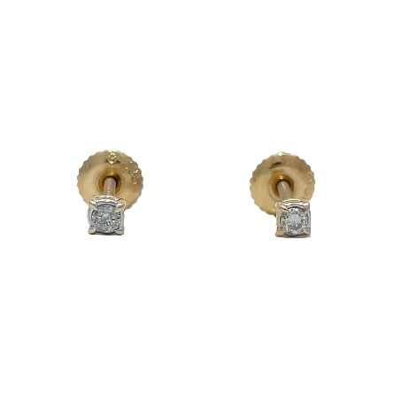 14K Two Tone Estate Four Prong Threaded Post Stud Earrings w/2Diams=.06apx SI1-I2 I-J 0.5dwt