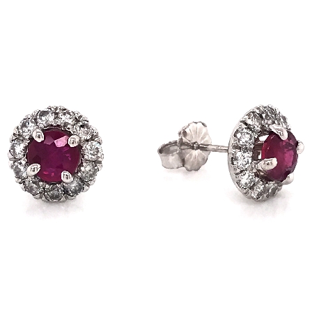 14K White Gold Estate Halo Earrings w/Ruby=1.21ctw and 22Diams=.69ctw SI2 I-J