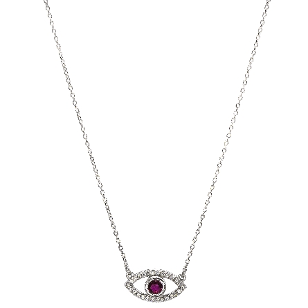 14K White Gold Estate 18inch Evil Eye Necklace w/1Ruby=.22ct and 26Diams=.11ctw SI H-I