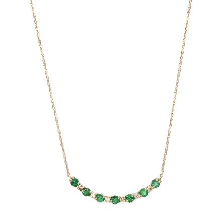 14K Yellow Gold Estate 19inch Curved Bar Necklace w/7Emerald=1.08ctw and 6Diams=.31ctw SI J-K