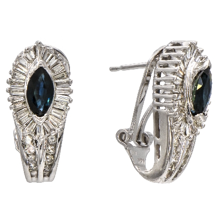 14K White Gold Estate Marquis-Shape Sapphire Halo Omega Back Earrings w/Baguette and Round Diams=.75apx SI1-I1 J-K 3.4dwt