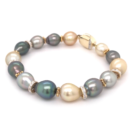 14K Yellow Gold Estate 9inch South Sea and Tahitian Pearl Bracelet w/Diams=.18apx SI H-I 21.8dwt