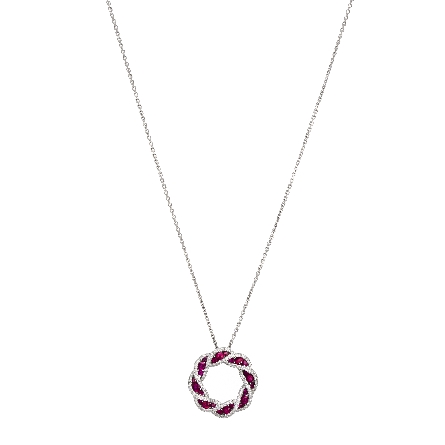 18K White Gold Estate Woven Wreath Pendant w/24Rubies=.72apx and 120Diams=.49apx VS G on 18inch 14K White Gold Chain