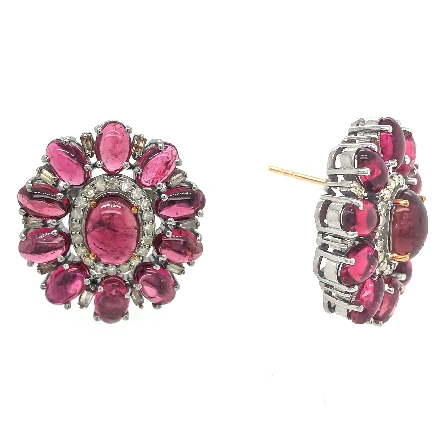 14K Yellow Post and Sterling Silver Estate Cabochon Pink Tourmaline Cluster Earrings w/40Diams=.25apx I1-I2 L-P 6.40dwt 
