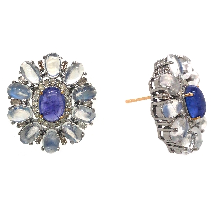 Sterling Silver and 14K Yellow Gold Estate Tanzanite and Moonstone Flower Post Earrings w/40Diams=.25apx I1-I2 L-P 6.7dwt